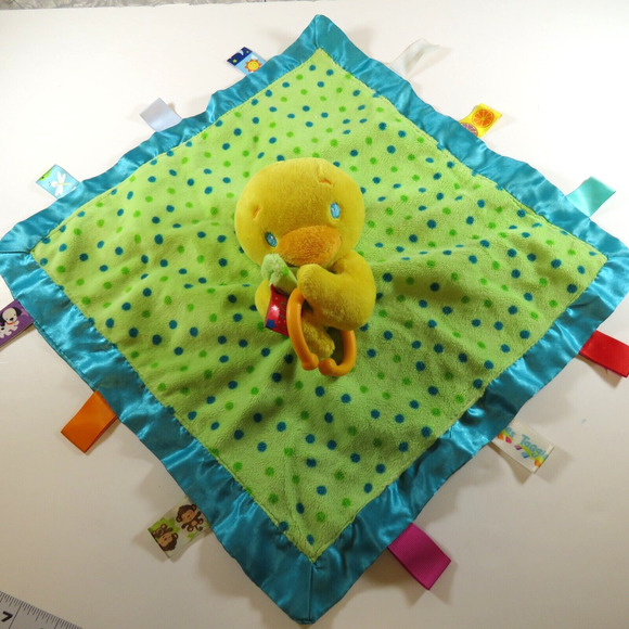 Taggies Satin Security Baby Blanket Lovey Green Blue Yellow Duck - Picture 1 of 16